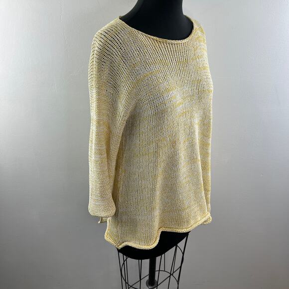 SKIFO SKIF White Yellow Knit Rolled Hem 3/4 Sleeve Pullover High Low Sweater - Picture 4 of 6